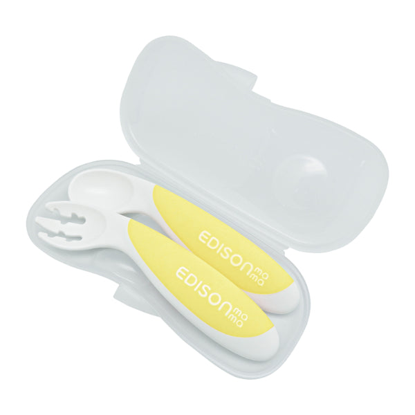 【9ヶ月ごろ~】フォーク&スプーンBaby 右手用 ケース付 レモンシャーベット 角度付きのベビー用フォーク&スプーン カトラリーデビューにおすすめ