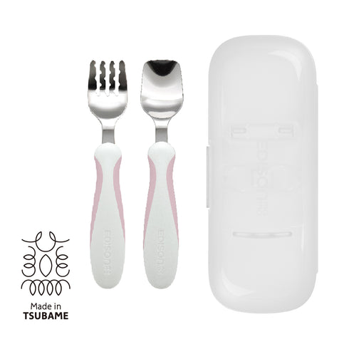 【1.5歳ごろ~】フォーク&スプーン プラス ケース付 ペールピンク ラバーグリップ付きでどの持ち方にも対応