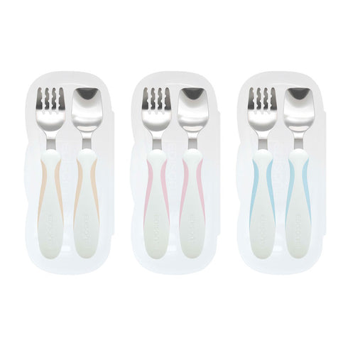 【1.5歳ごろ~】フォーク&スプーン プラス ケース付 ペールモカ ラバーグリップ付きでどの持ち方にも対応