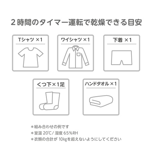 コンパクト衣類乾燥機 2時間のタイマー運転で乾燥できる目安
