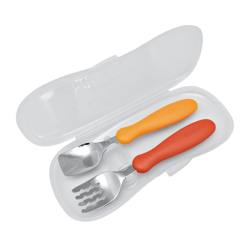 【1.5歳ごろ～】フォーク&スプーン ケース付 パンプキン&キャロット　燕三条の高品質ステンレスを使用した安全なカトラリー　持ち運びに便利なケース付き