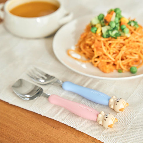 【3歳ごろ～】フォーク&スプーン キッズ マルチケース付き ネコ　ステップアップに最適な大きめサイズ