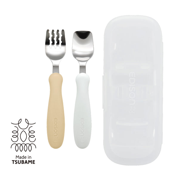 【1.5歳ごろ～】フォーク&スプーン ケース付 ポテトミルク　柔らかく落ち着いたカラーのフォーク&スプーン　燕三条の高品質なステンレス使用　持ち運びに便利なケース付き