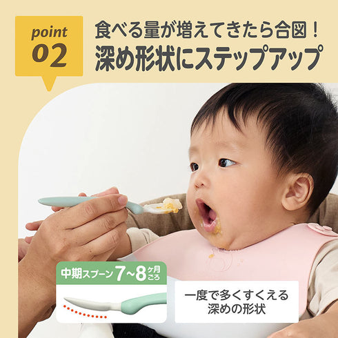 【5～8ヶ月ごろ】こだわりフィーディングスプーン ケース付 唇を閉じて食べる練習に スプーン食べが自然に身につきやすい すくいやすい中芯入り