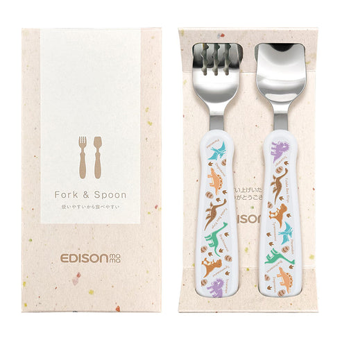 【1.5歳ごろ～】フォーク＆スプーン print 「きょうりゅう」 購入が子供たちへの寄付につながる オリジナル商品 化粧箱付き ギフト