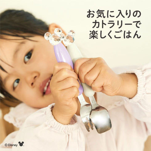 【1.5歳ごろ～】フォーク＆スプーン　ディズニー　ミッキークリスタル　キラキラ輝くマスコット付き　取っ手色違い